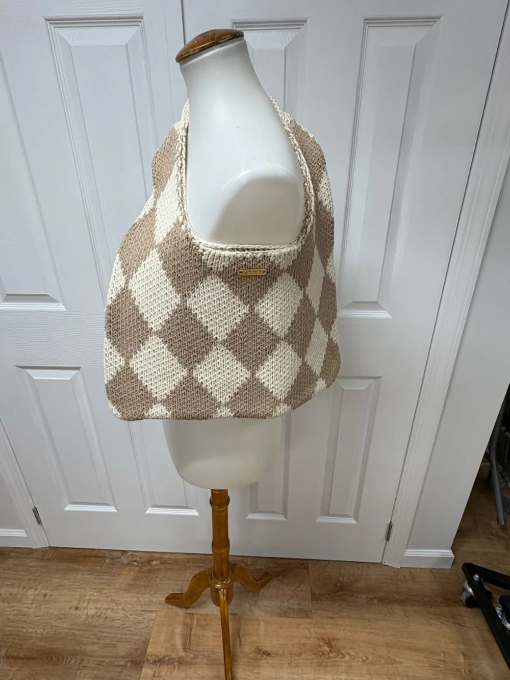 KOPARI Limited Edition Checkered Knit Tan Cream Tote Bag - NEW Without Tag.